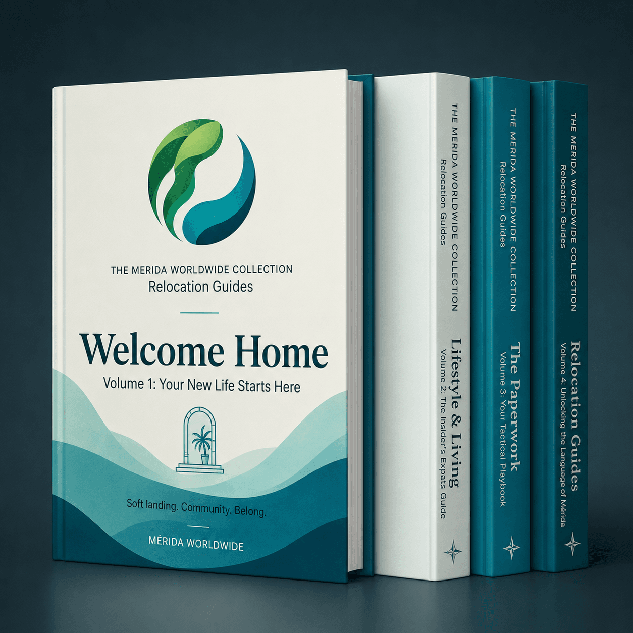 The four volumes of the Mérida Worldwide Relocation Guide Collection