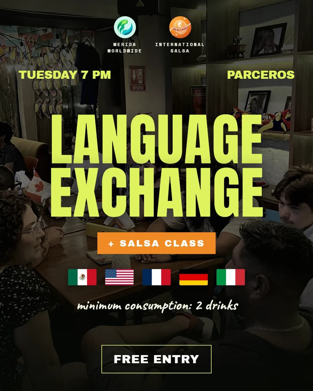 Language Exchange + Salsa Class flyer, Tuesdays at 7 PM at Parceros